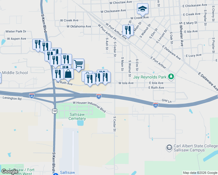 map of restaurants, bars, coffee shops, grocery stores, and more near in Sallisaw