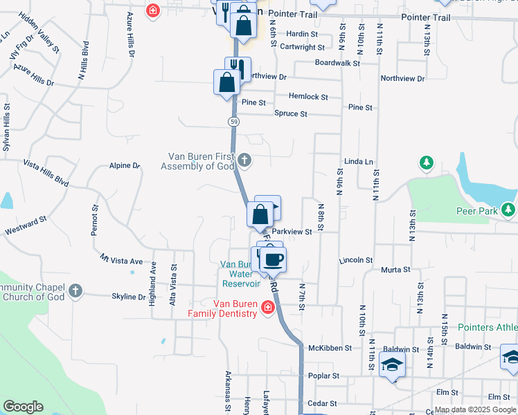 map of restaurants, bars, coffee shops, grocery stores, and more near 1012 Fayetteville Road in Van Buren