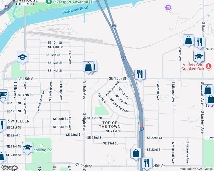 map of restaurants, bars, coffee shops, grocery stores, and more near 1100 Southeast 15th Street in Oklahoma City