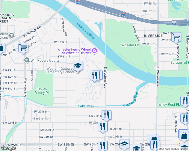 map of restaurants, bars, coffee shops, grocery stores, and more near 1711 Spoke Street in Oklahoma City