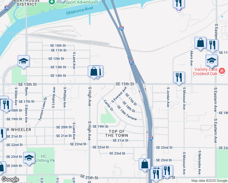 map of restaurants, bars, coffee shops, grocery stores, and more near 1100 Southeast 15th Street in Oklahoma City