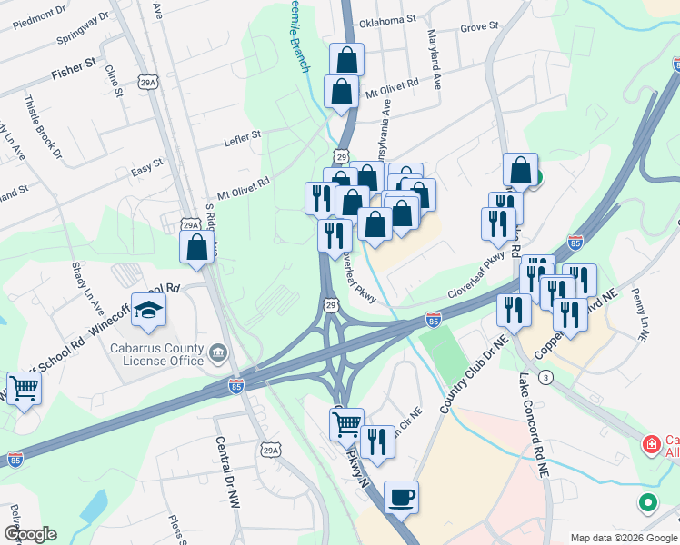 map of restaurants, bars, coffee shops, grocery stores, and more near 3000 Clover Road Northwest in Concord