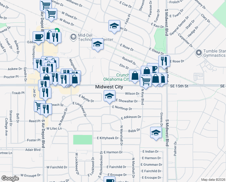 map of restaurants, bars, coffee shops, grocery stores, and more near in Midwest City