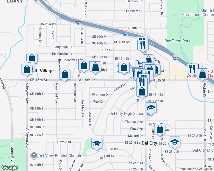 map of restaurants, bars, coffee shops, grocery stores, and more near 3700 Southeast 15th Street in Del City