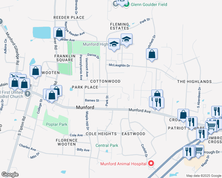 map of restaurants, bars, coffee shops, grocery stores, and more near 30 Cottonwood Drive in Munford
