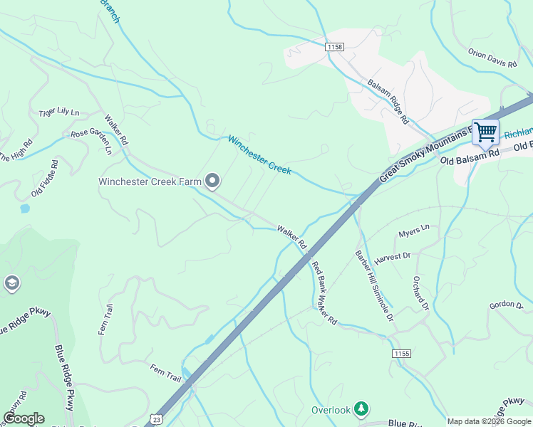 map of restaurants, bars, coffee shops, grocery stores, and more near 21 Wildflower Lane in Waynesville