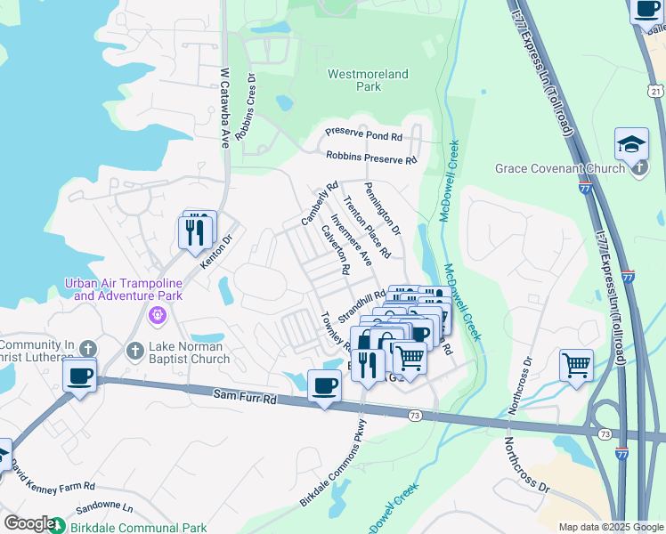 map of restaurants, bars, coffee shops, grocery stores, and more near 17029 Carlton Way Road in Huntersville