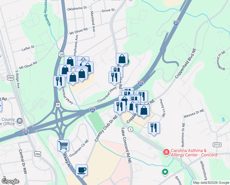 map of restaurants, bars, coffee shops, grocery stores, and more near 3396 Cloverleaf Parkway in Kannapolis