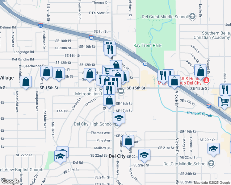 map of restaurants, bars, coffee shops, grocery stores, and more near 1622 South Sunnylane Road in Del City