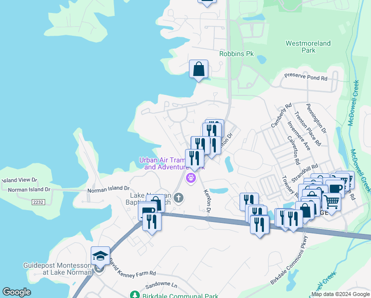 map of restaurants, bars, coffee shops, grocery stores, and more near 17113 Cabernet Court in Cornelius