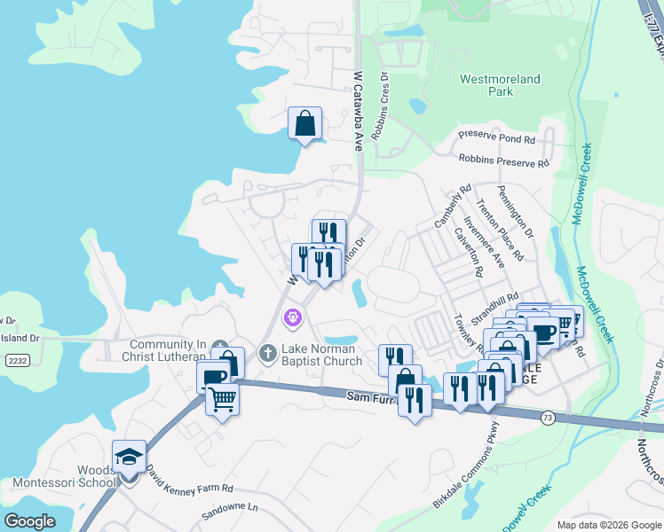map of restaurants, bars, coffee shops, grocery stores, and more near 17105 Kenton Drive in Cornelius
