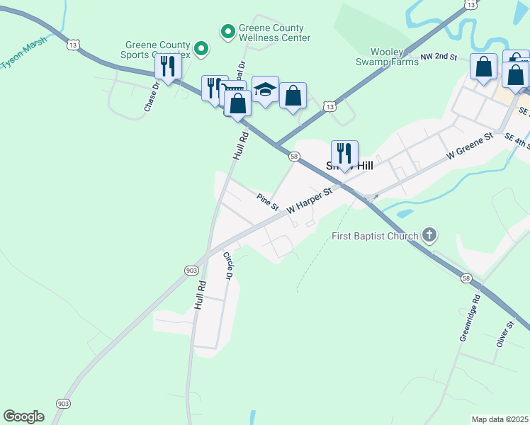 map of restaurants, bars, coffee shops, grocery stores, and more near Elm Street in Snow Hill