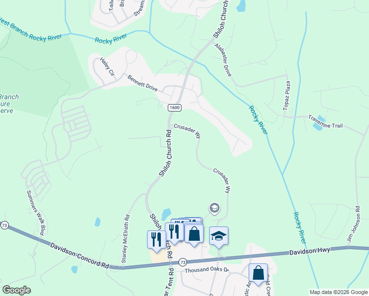map of restaurants, bars, coffee shops, grocery stores, and more near 2660 Shiloh Church Road in Davidson