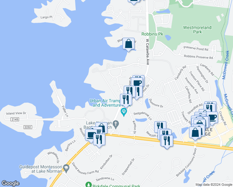 map of restaurants, bars, coffee shops, grocery stores, and more near 17104 Graves Court in Cornelius