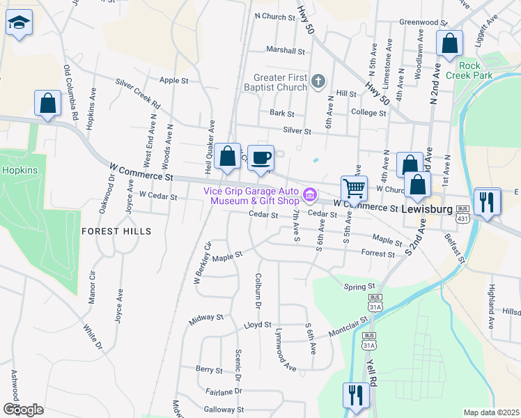map of restaurants, bars, coffee shops, grocery stores, and more near 764 Cedar Street in Lewisburg