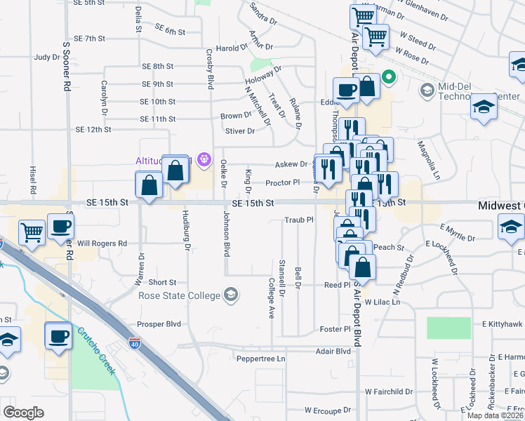 map of restaurants, bars, coffee shops, grocery stores, and more near 6536 Southeast 15th Street in Midwest City