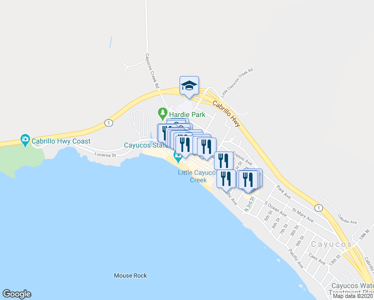 map of restaurants, bars, coffee shops, grocery stores, and more near 130 N Ocean Ave in Cayucos