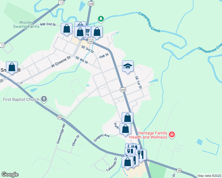 map of restaurants, bars, coffee shops, grocery stores, and more near 510 Southeast 3rd Street in Snow Hill