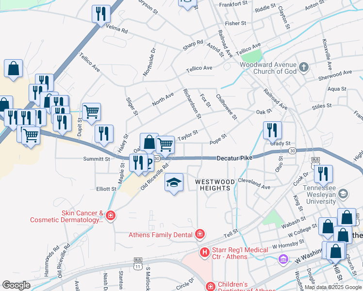 map of restaurants, bars, coffee shops, grocery stores, and more near 602-608 Pope Street in Athens