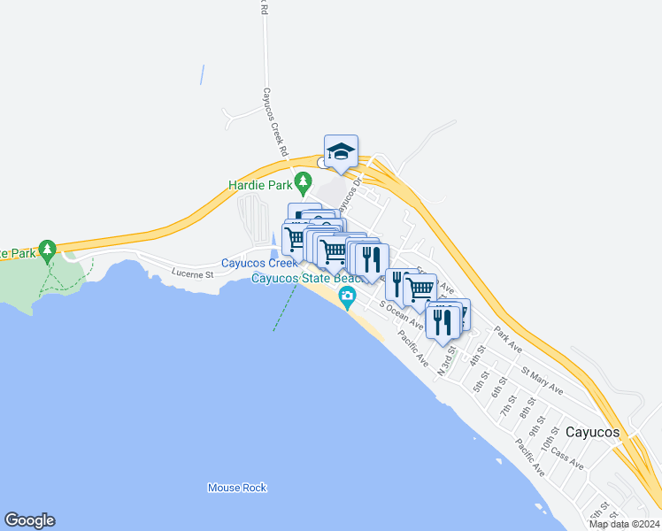 map of restaurants, bars, coffee shops, grocery stores, and more near 130 North Ocean Avenue in Cayucos