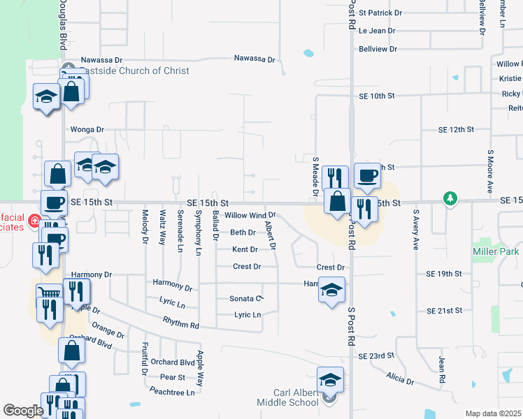 map of restaurants, bars, coffee shops, grocery stores, and more near 9713 Willow Wind Drive in Midwest City