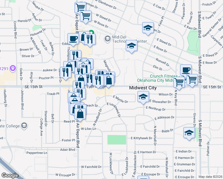 map of restaurants, bars, coffee shops, grocery stores, and more near 7118 Southeast 15th Street in Midwest City