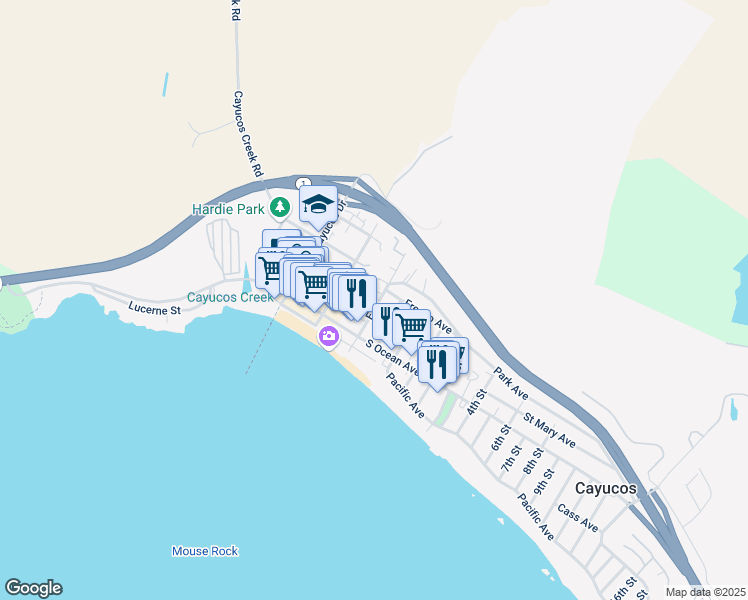 map of restaurants, bars, coffee shops, grocery stores, and more near 14 Fresno Avenue in Cayucos