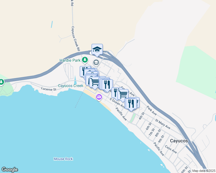 map of restaurants, bars, coffee shops, grocery stores, and more near 2 Ash Avenue in Cayucos