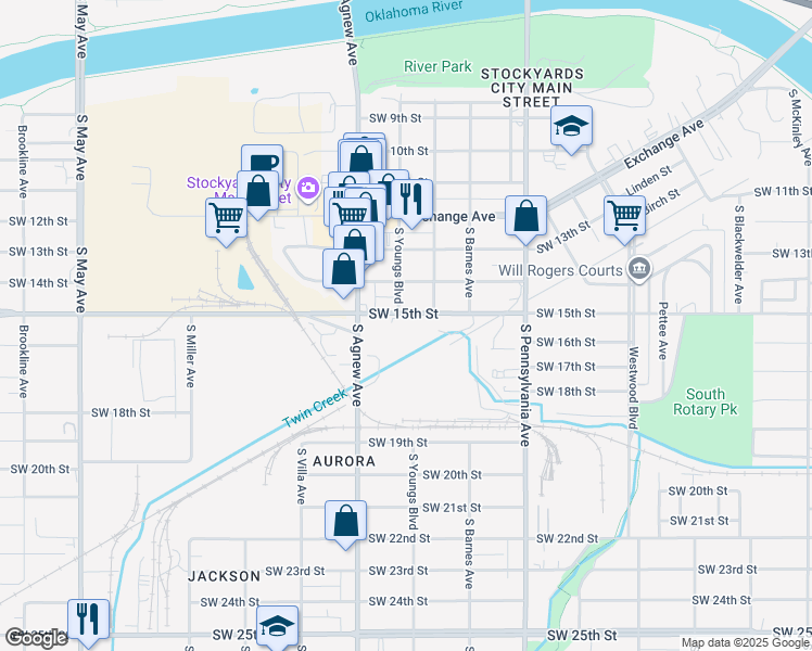 map of restaurants, bars, coffee shops, grocery stores, and more near 2200 Southwest 15th Street in Oklahoma City