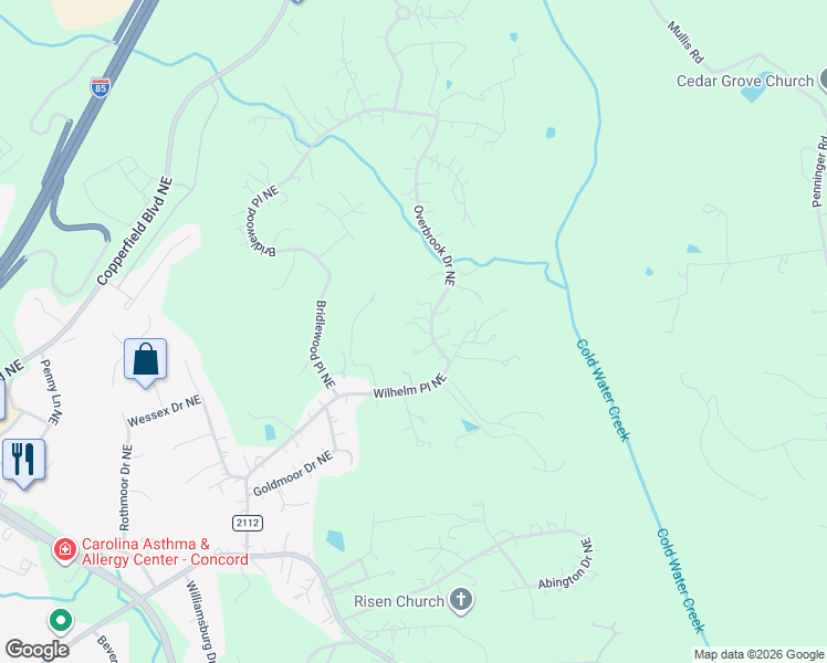 map of restaurants, bars, coffee shops, grocery stores, and more near 111 Overbrook Drive Northeast in Concord