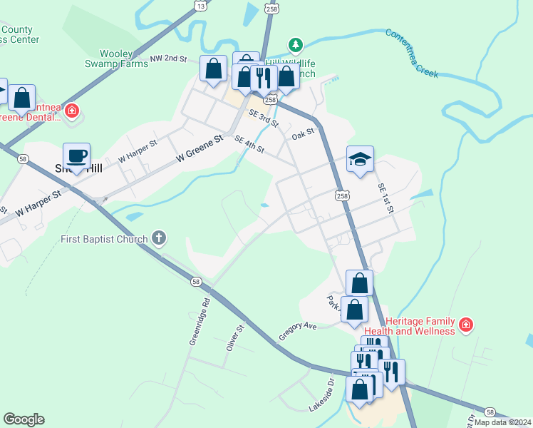 map of restaurants, bars, coffee shops, grocery stores, and more near 101 Exum Circle in Snow Hill