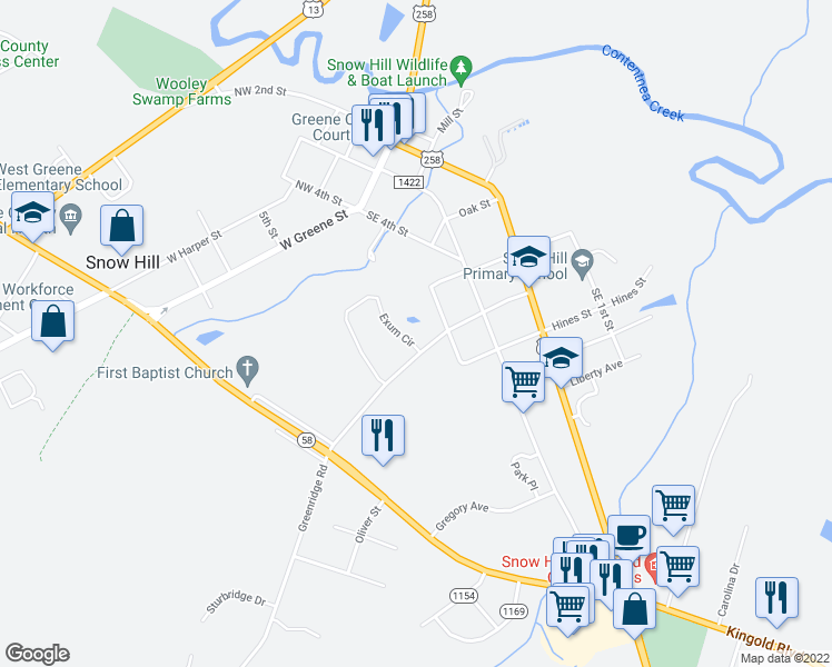 map of restaurants, bars, coffee shops, grocery stores, and more near 101 Exum Circle in Snow Hill