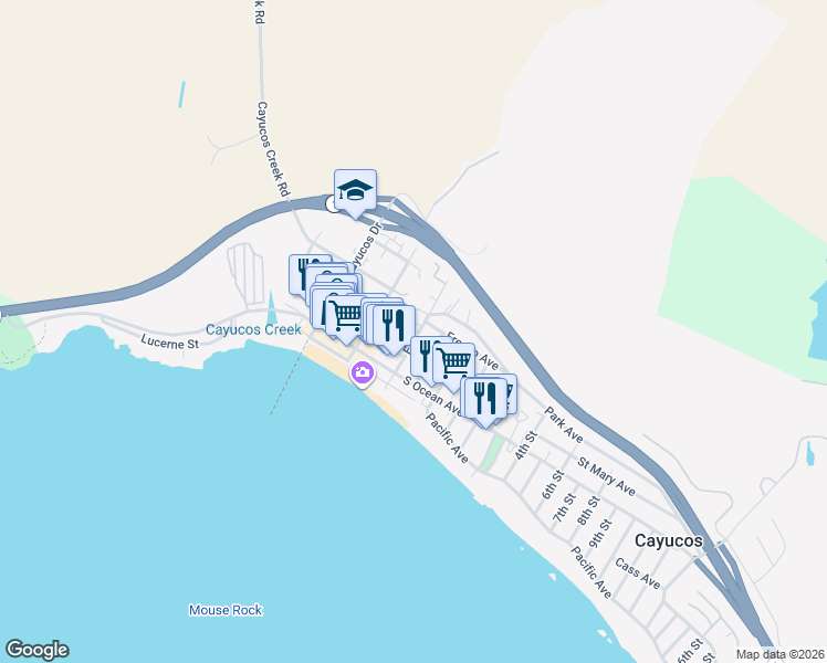 map of restaurants, bars, coffee shops, grocery stores, and more near 2 Ash Avenue in Cayucos