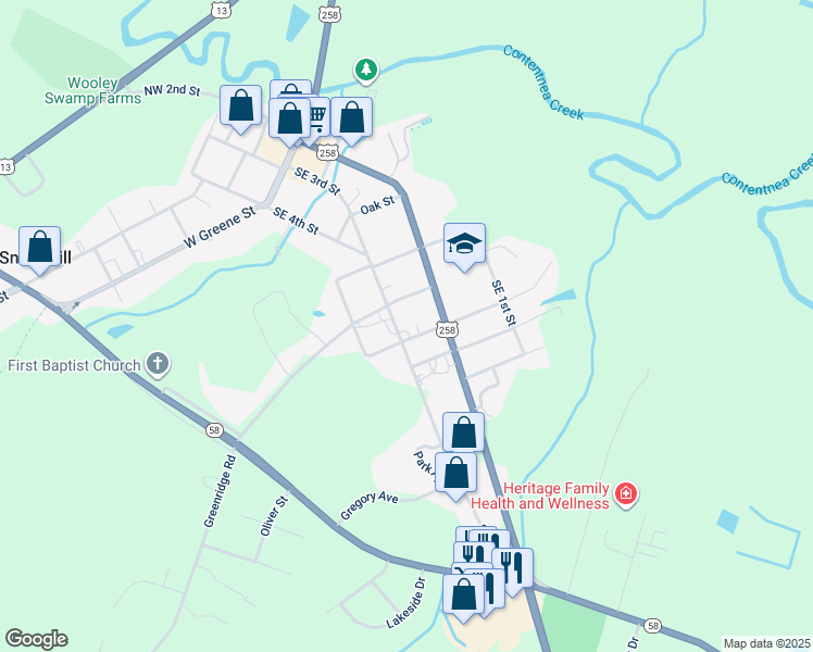map of restaurants, bars, coffee shops, grocery stores, and more near 510 Southeast 3rd Street in Snow Hill