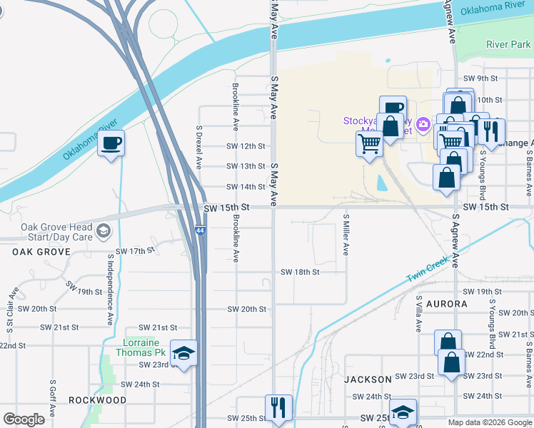 map of restaurants, bars, coffee shops, grocery stores, and more near 1601 South May Avenue in Oklahoma City