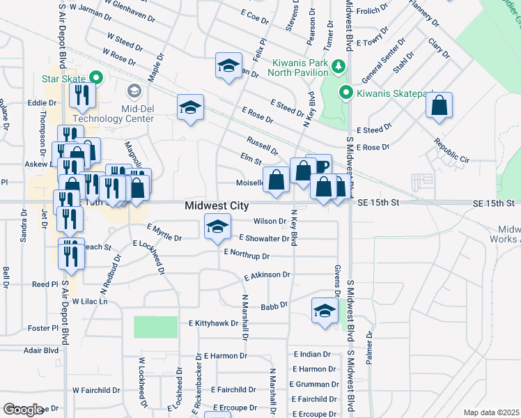 map of restaurants, bars, coffee shops, grocery stores, and more near 7410 Southeast 15th Street in Midwest City