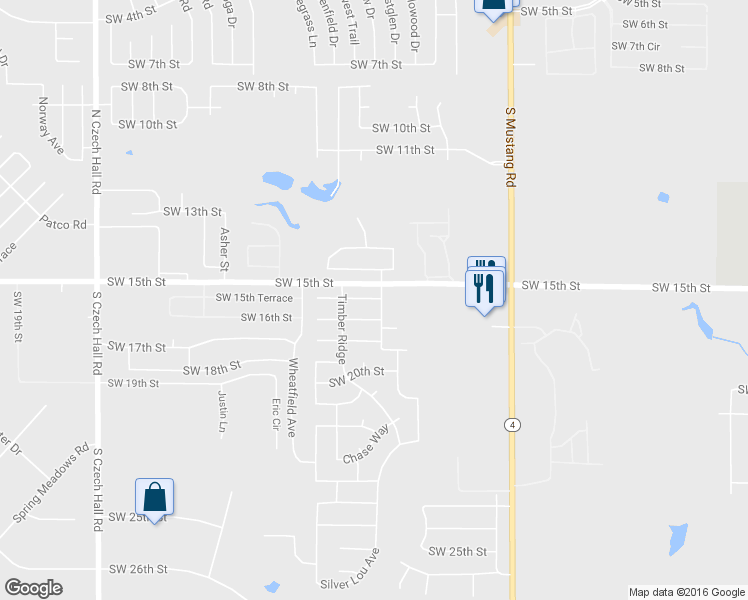 map of restaurants, bars, coffee shops, grocery stores, and more near 11700 Southwest 16th Street in Yukon