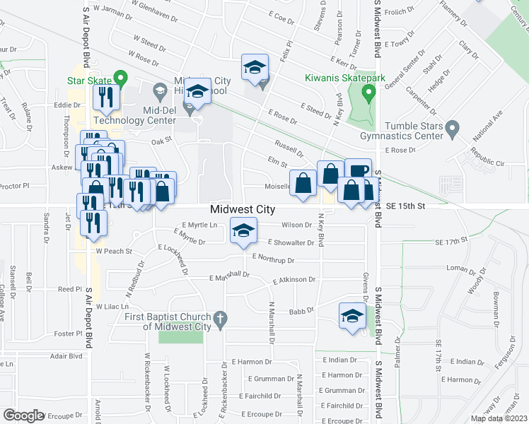 map of restaurants, bars, coffee shops, grocery stores, and more near 7400 Southeast 15th Street in Midwest City