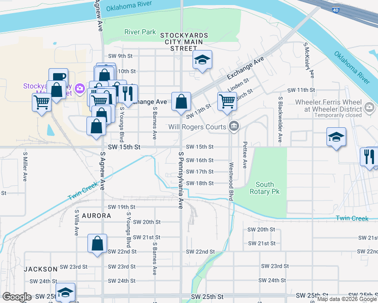 map of restaurants, bars, coffee shops, grocery stores, and more near 1858 Southwest 15th Street in Oklahoma City