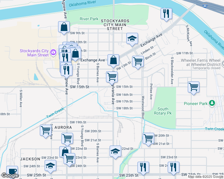 map of restaurants, bars, coffee shops, grocery stores, and more near 1858 Southwest 15th Street in Oklahoma City