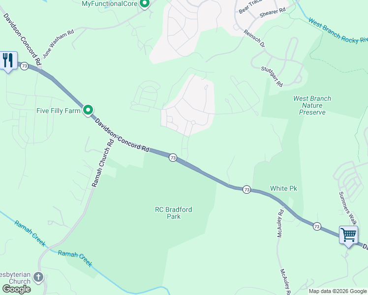 map of restaurants, bars, coffee shops, grocery stores, and more near 15435 Davidson East Dr in Davidson