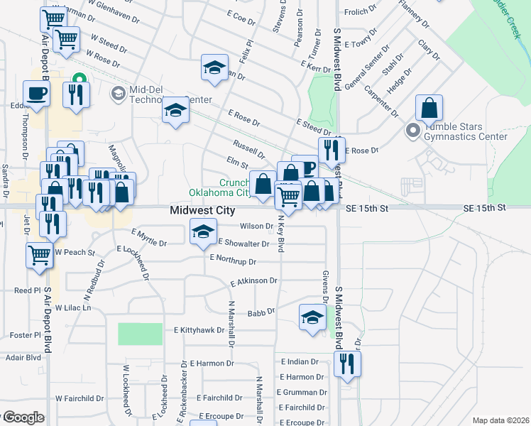 map of restaurants, bars, coffee shops, grocery stores, and more near 7422 Southeast 15th Street in Midwest City