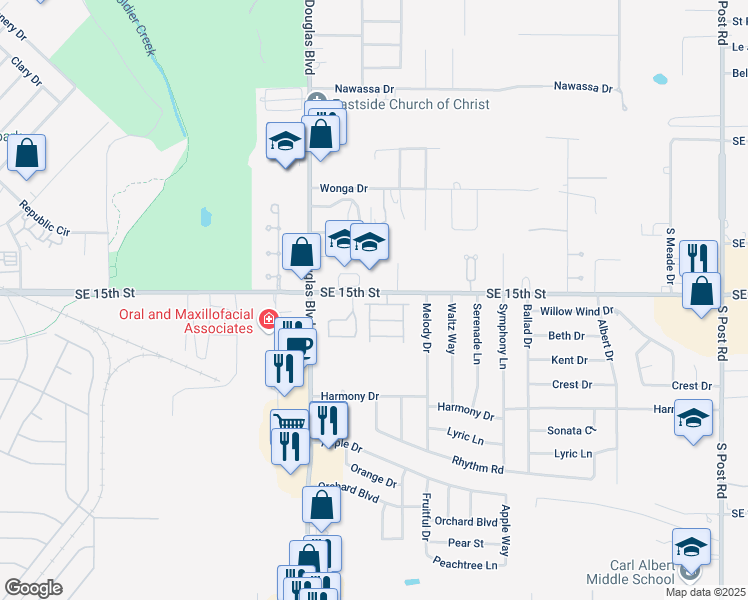 map of restaurants, bars, coffee shops, grocery stores, and more near 9117 Stonegate in Midwest City