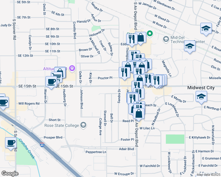 map of restaurants, bars, coffee shops, grocery stores, and more near 6702 Southeast 15th Street in Midwest City