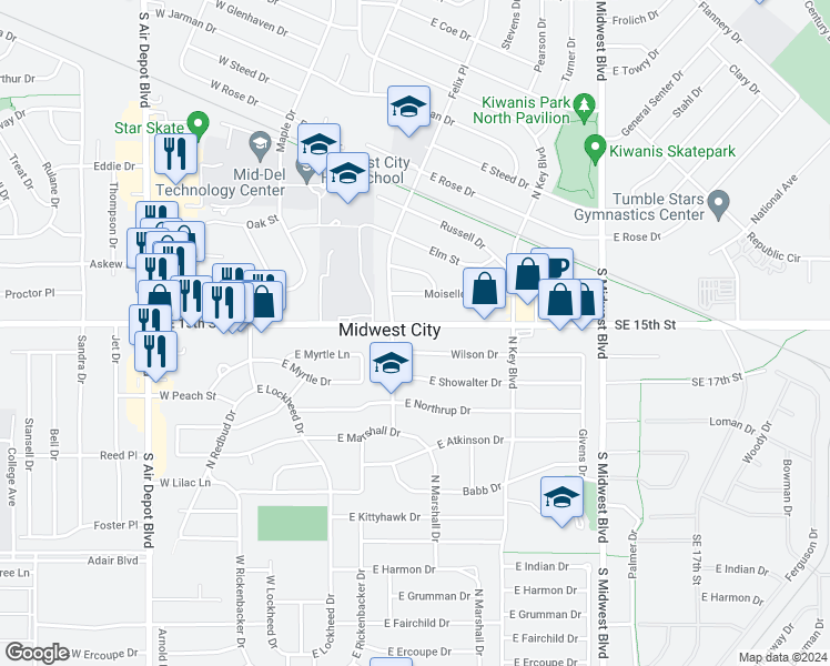 map of restaurants, bars, coffee shops, grocery stores, and more near 7308 Southeast 15th Street in Midwest City