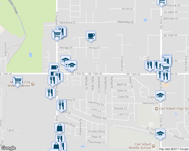 map of restaurants, bars, coffee shops, grocery stores, and more near 1600 Waltz Way in Midwest City