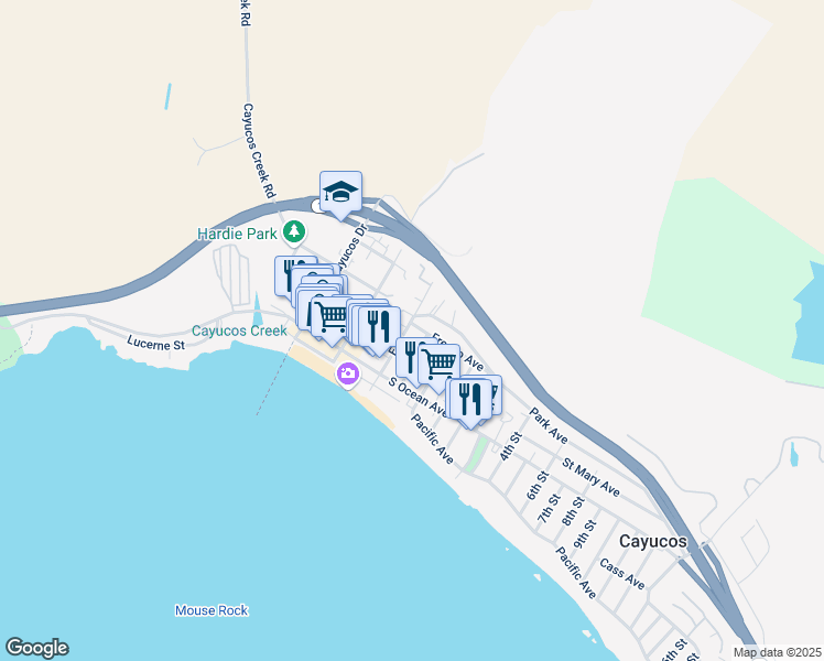 map of restaurants, bars, coffee shops, grocery stores, and more near 14 Fresno Avenue in Cayucos