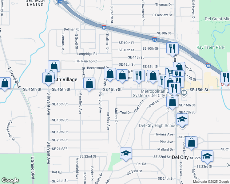 map of restaurants, bars, coffee shops, grocery stores, and more near 3604 Southeast 15th Street in Del City