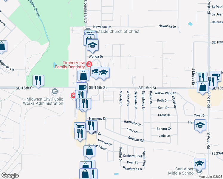 map of restaurants, bars, coffee shops, grocery stores, and more near 9205 Stonegate in Midwest City