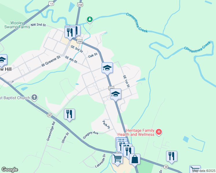 map of restaurants, bars, coffee shops, grocery stores, and more near 108 Hines Street in Snow Hill